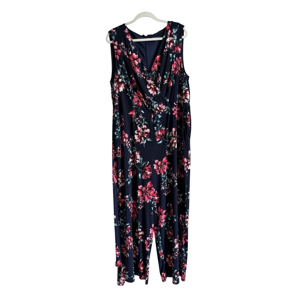 TAHARI Navy Floral Print Jumpsuit Stretch Jersey Sleeveless Pockets Women's 18W